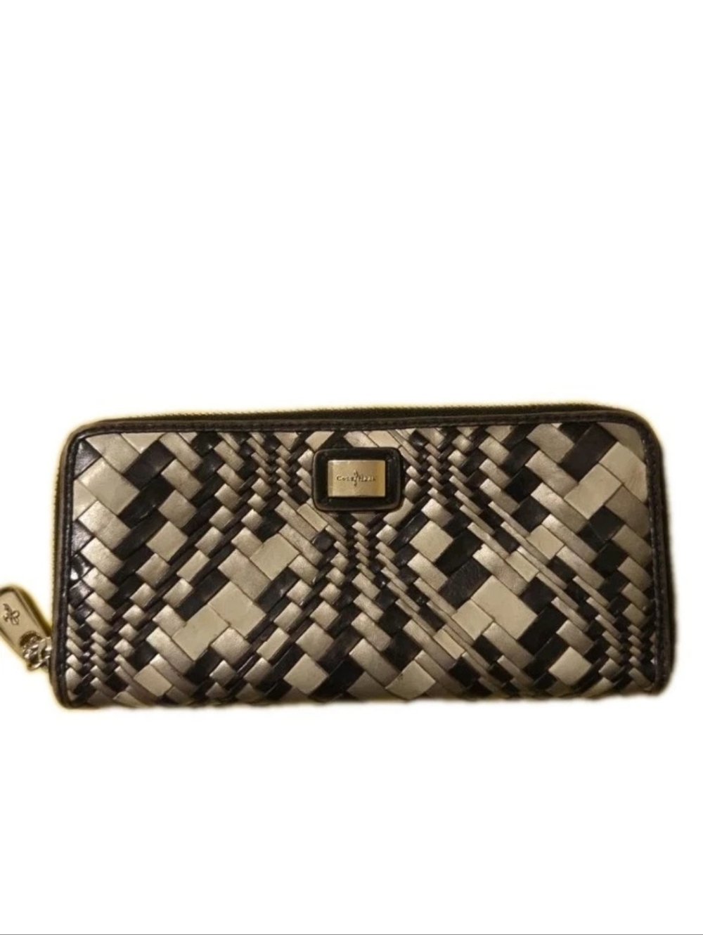 Cole Haan Wallet Leather Woven Black Gold Zip Closure Coin Pocket Card Holder